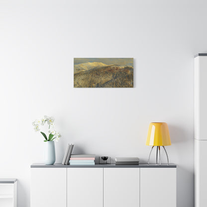Winter mountain landscape matte canvas print by Printify, stretched 1.25 inches, featuring a scenic mountain scene with snowy peaks.