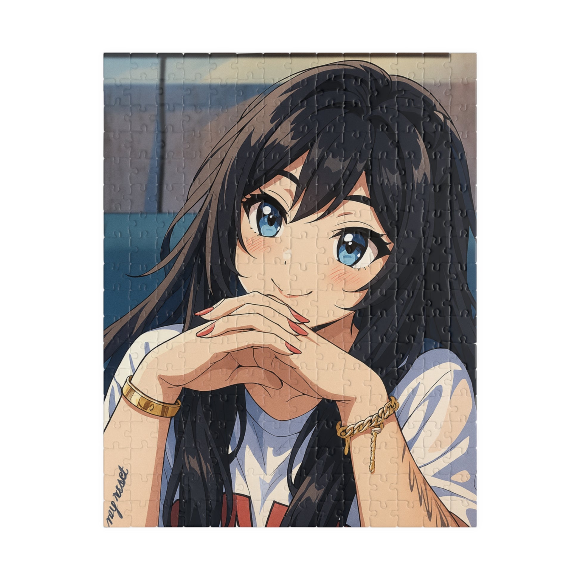 Anime girl portrait jigsaw puzzle by Printify featuring a detailed 520-piece design with vibrant colors and intricate artwork.