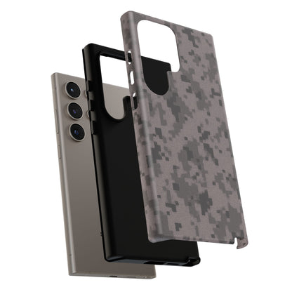 Gray digital camouflage phone case by Printify, showing a tough protective cover with a modern camouflage design.