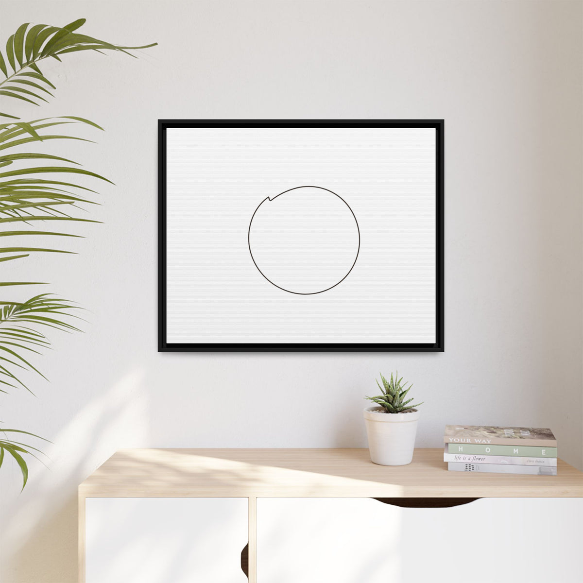 Framed matte canvas wall art featuring a minimal circular line design, by Printify, showcasing modern abstract wall decor.
