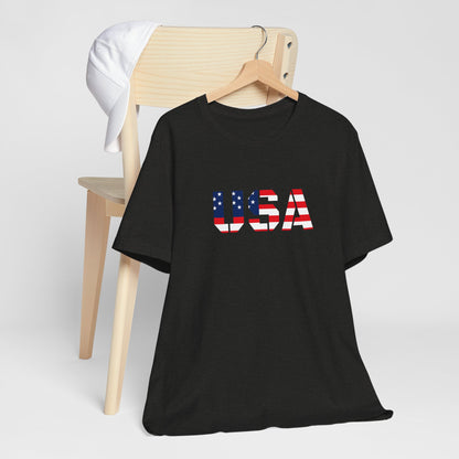 USA Flag Text Tee — Patriotic Fourth of July T-Shirt