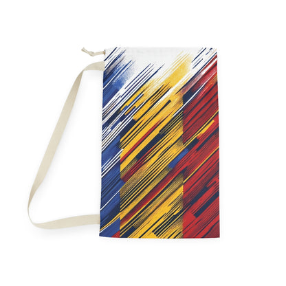 Colorful abstract brushstroke laundry bag by Printify featuring red, yellow, and blue tote for dorms and travel storage.