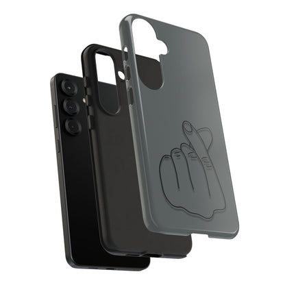 Silicone phone case with embossed Korean finger heart design, compatible with smartphones, by Printify.