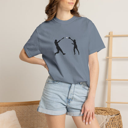 Black baseball silhouette graphic T-shirt for men, featuring minimal design of baseball players, by Printify.