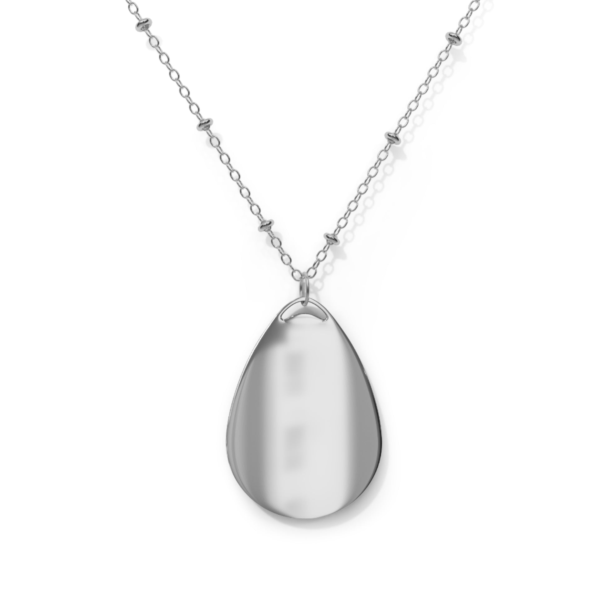 Personalized oval teardrop necklace with initial monogram pendant, stylish accessories by Printify featuring a sleek silver design.