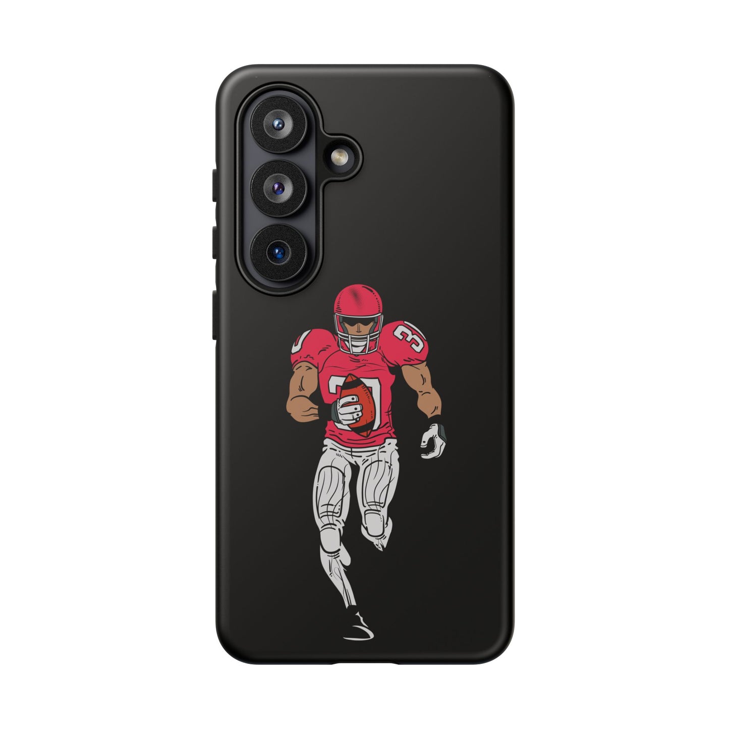 Black football player tough phone case for iPhone, featuring sports design and durable protective material by Printify.