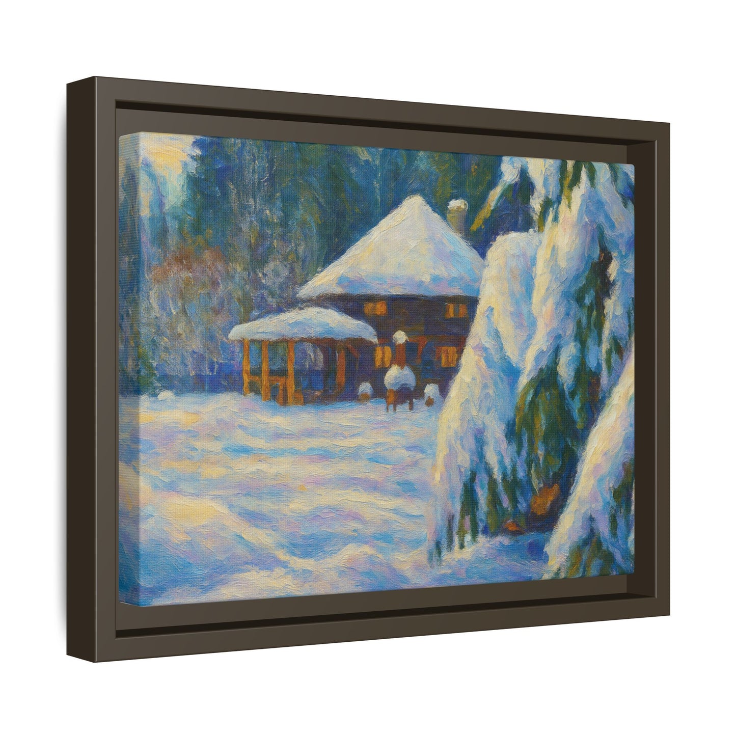Framed matte canvas wall art depicting a snowy cabin winter landscape with trees and mountain backdrop.