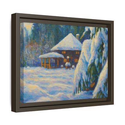 Framed matte canvas wall art depicting a snowy cabin winter landscape with trees and mountain backdrop.