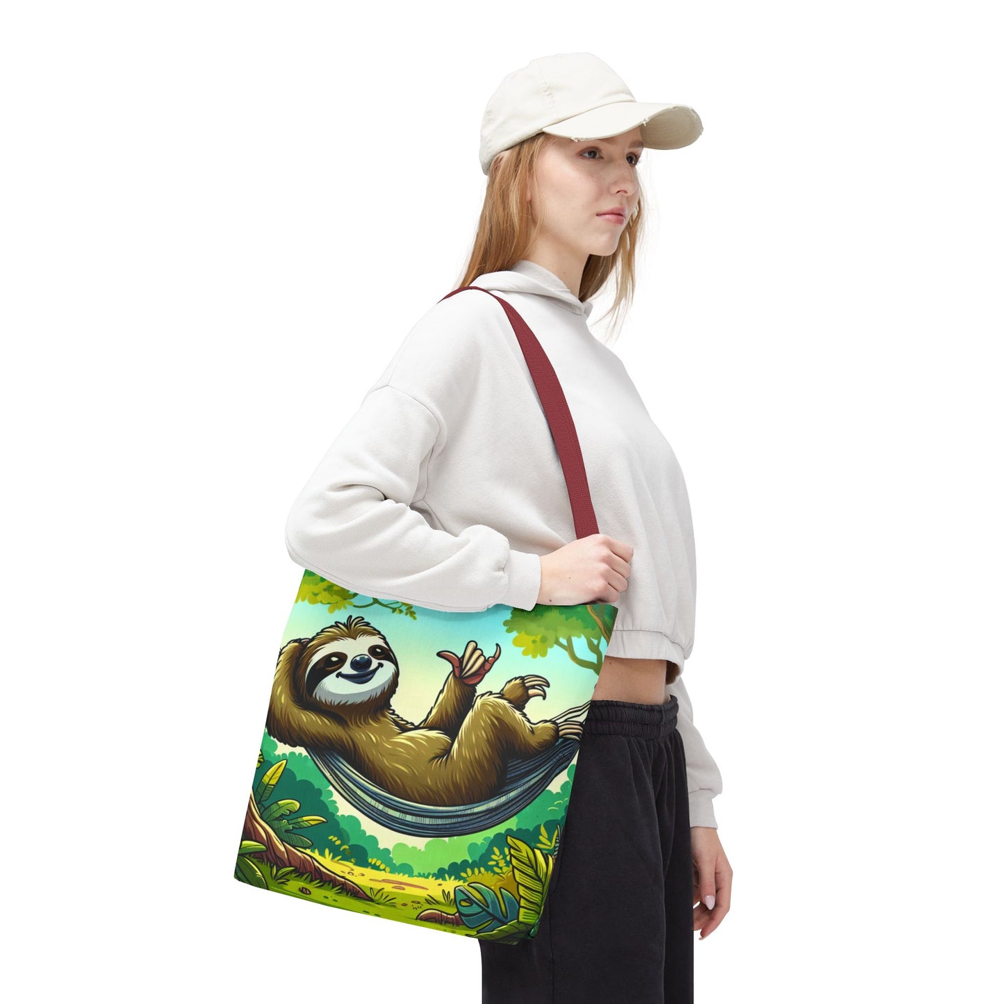 Eco-friendly sloth tote bag by Printify featuring a cute animal design, perfect for animal lovers and everyday use.