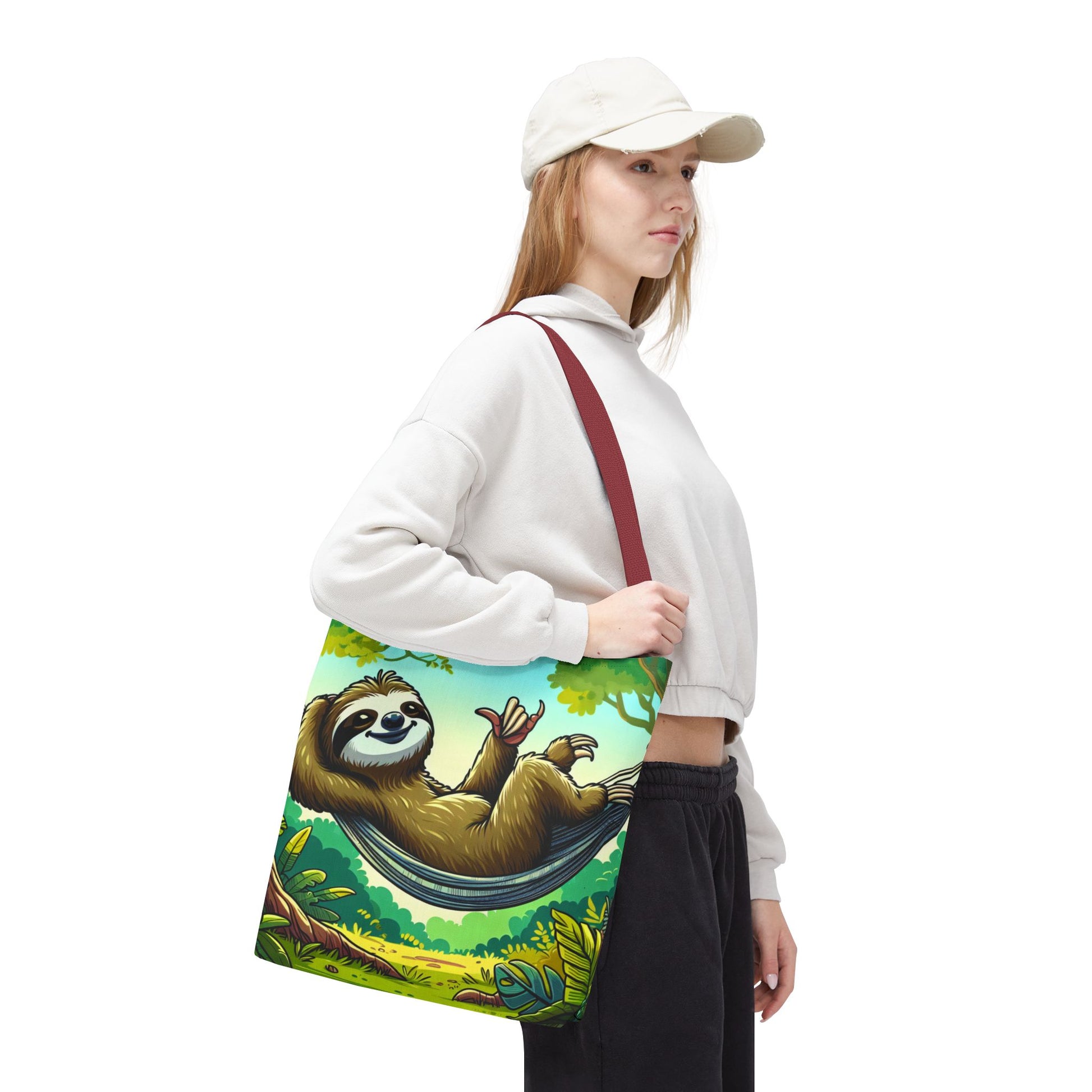 Eco-friendly sloth tote bag by Printify featuring a cute animal design, perfect for animal lovers and everyday use.