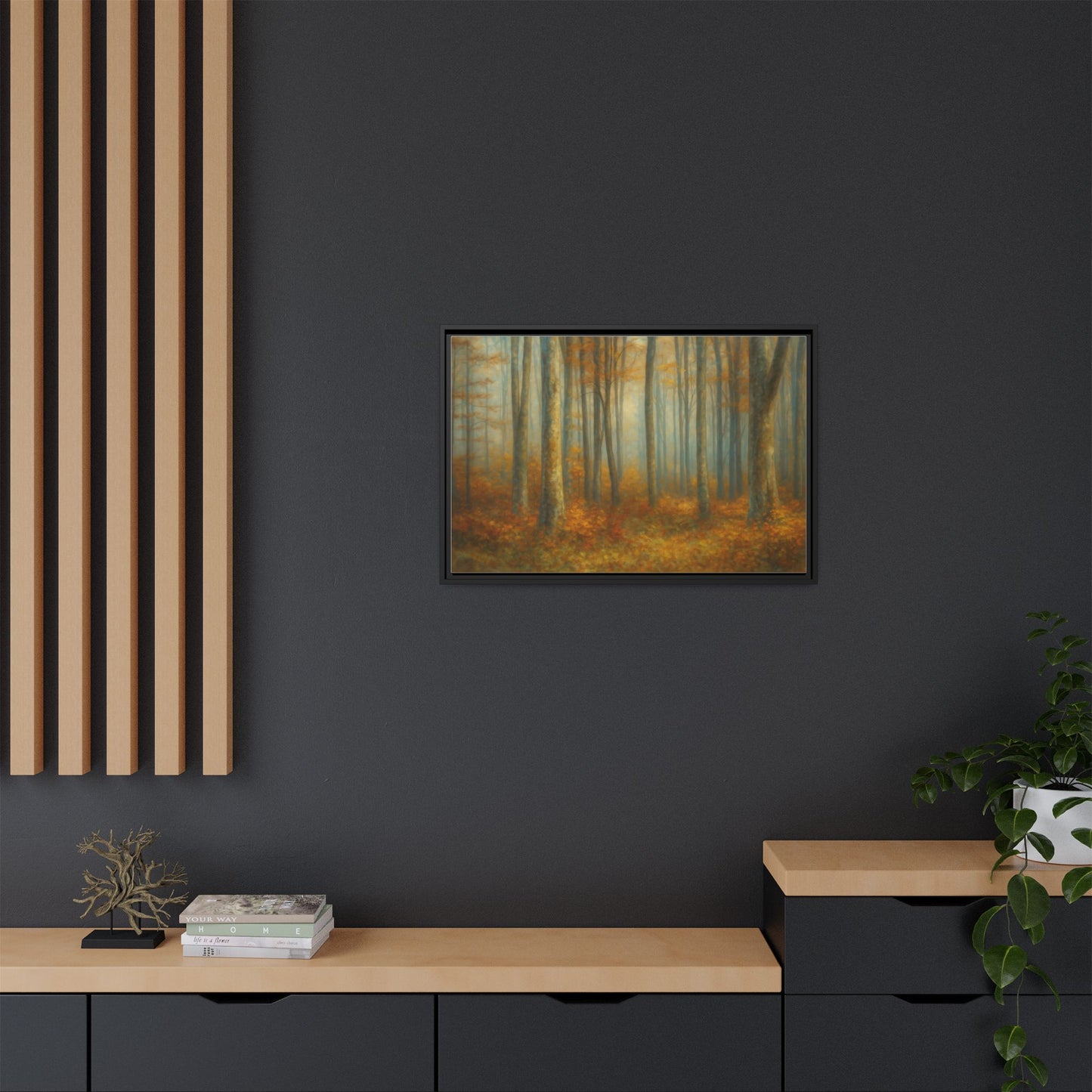 Framed autumn forest canvas print featuring misty woodland scene, wall art by Printify, showcasing vibrant fall colors and natural landscape.