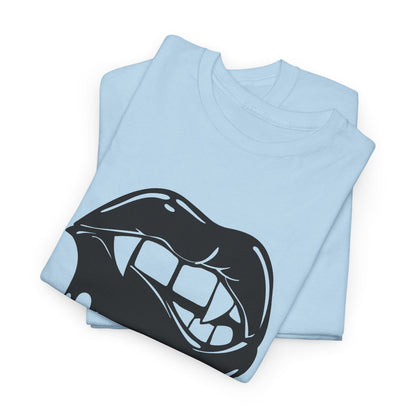 Graphic T-shirt featuring dripping lips and a "hmm..." bite design in black and white print.
