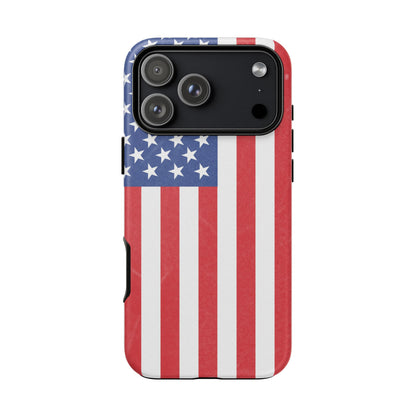American flag tough phone case for iPhone and Samsung, patriotic protective cover with bold flag design by Printify.