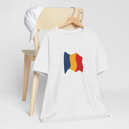 Romania flag T-Shirt by Printify featuring a minimal waving tricolor design on a casual cotton tee.