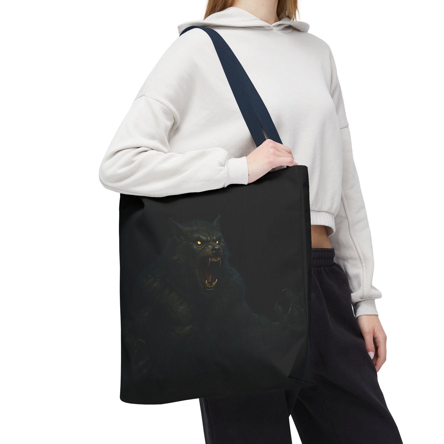Werewolf tote bag featuring dark Halloween art, ideal for horror fans, made by Printify with a spacious fabric design.