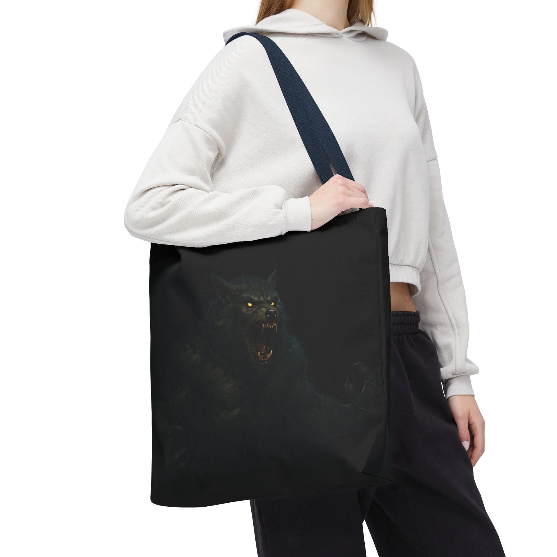 Werewolf tote bag featuring dark Halloween art, ideal for horror fans, made by Printify with a spacious fabric design.