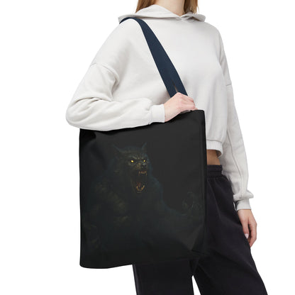 Werewolf tote bag featuring dark Halloween art, ideal for horror fans, made by Printify with a spacious fabric design.