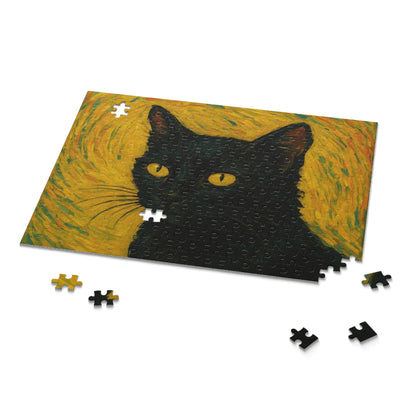 Black cat portrait puzzle by Printify featuring a custom photo design, available in 120 to 500 pieces.