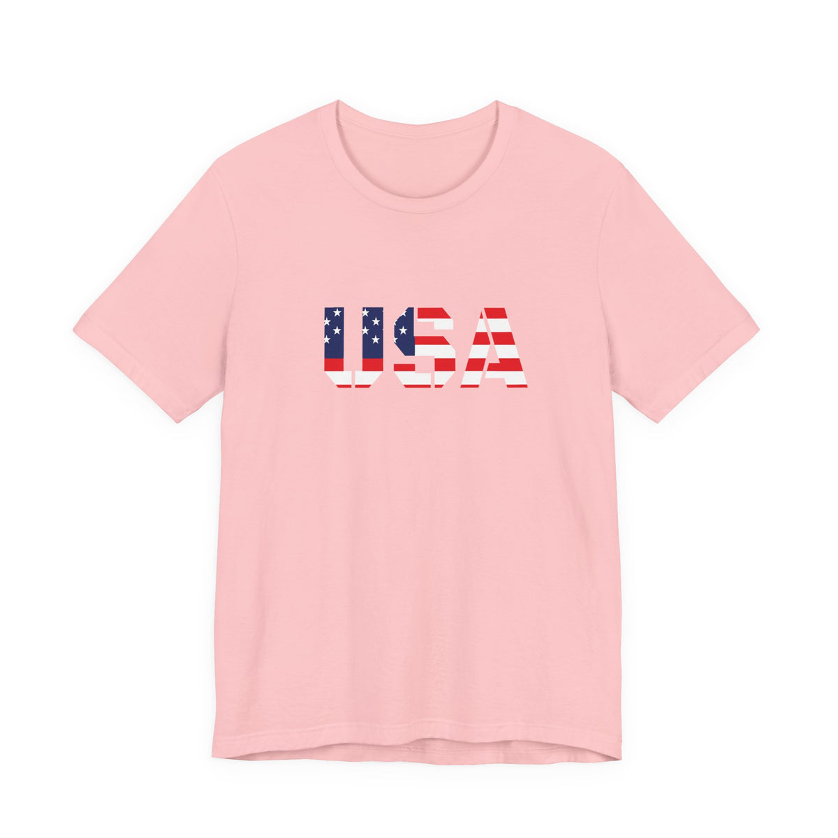 USA flag text T-shirt by Printify featuring patriotic design for Fourth of July celebrations.