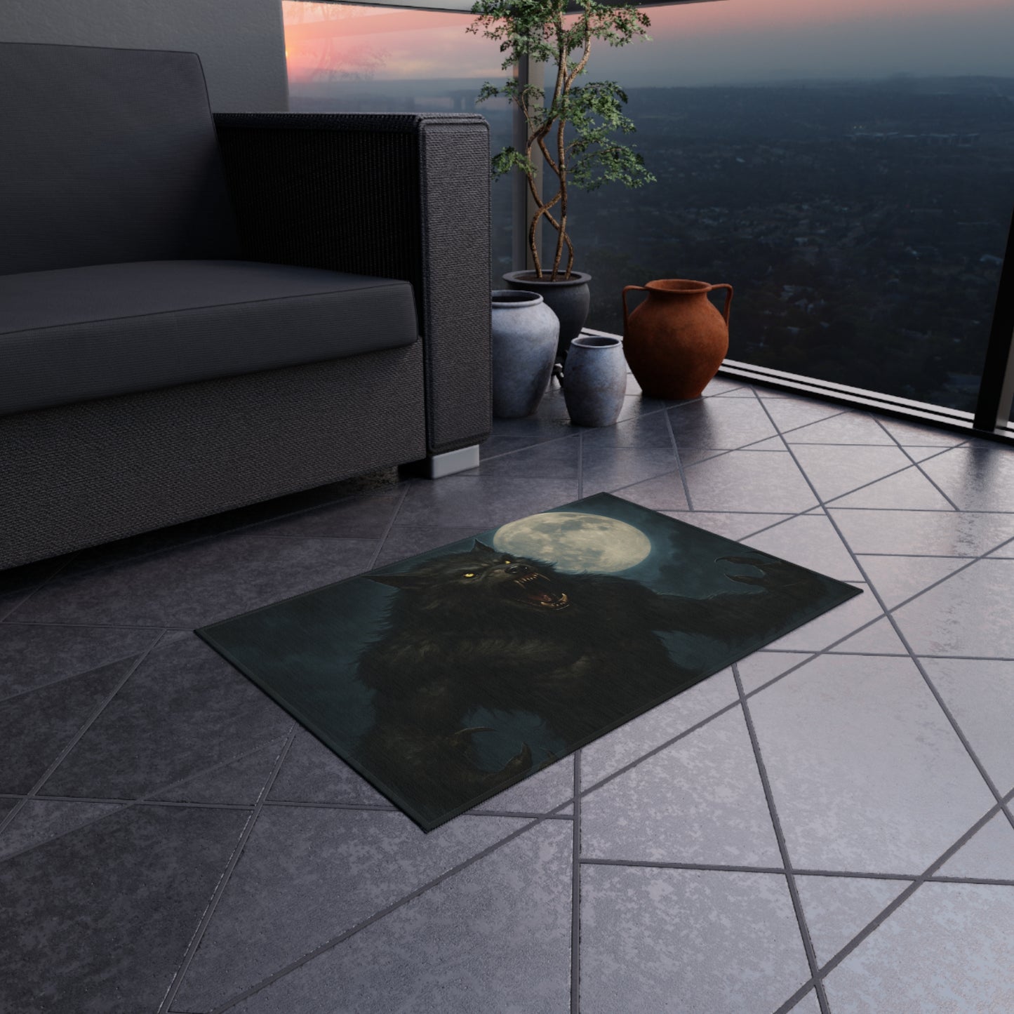 Werewolf Moon outdoor rug featuring a spooky full moon horror design, ideal for patio decor and outdoor spaces.