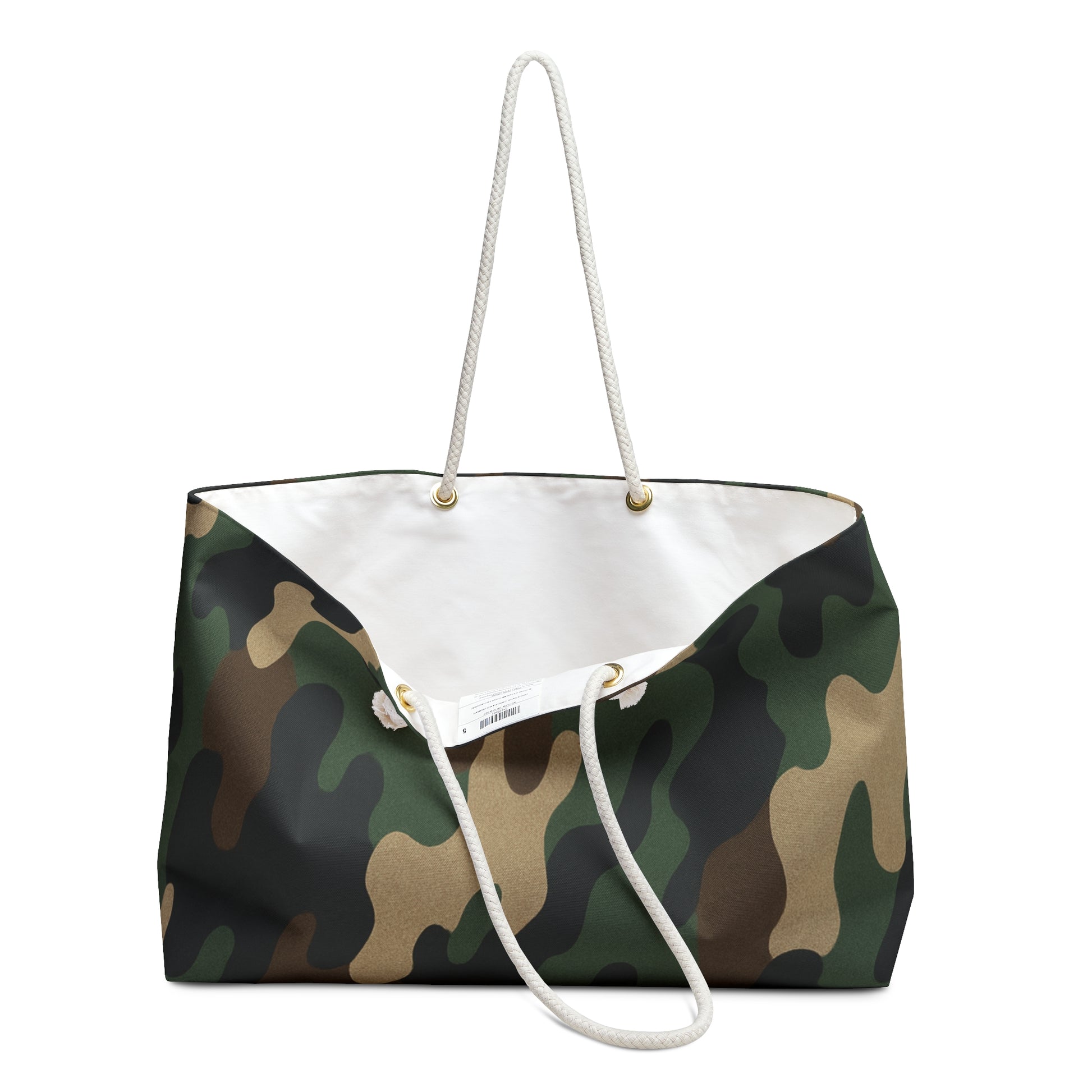 Military green camo weekender bag by Printify, spacious travel tote with sturdy handles for weekend getaways and outdoor trips.
