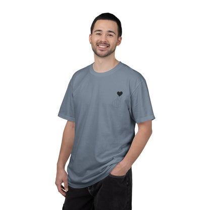 Black T-shirt with a minimal white finger heart graphic print, designed by Printify.