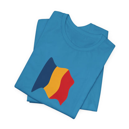 Romania flag T-Shirt by Printify featuring a minimal waving tricolor design on a casual T-shirt.