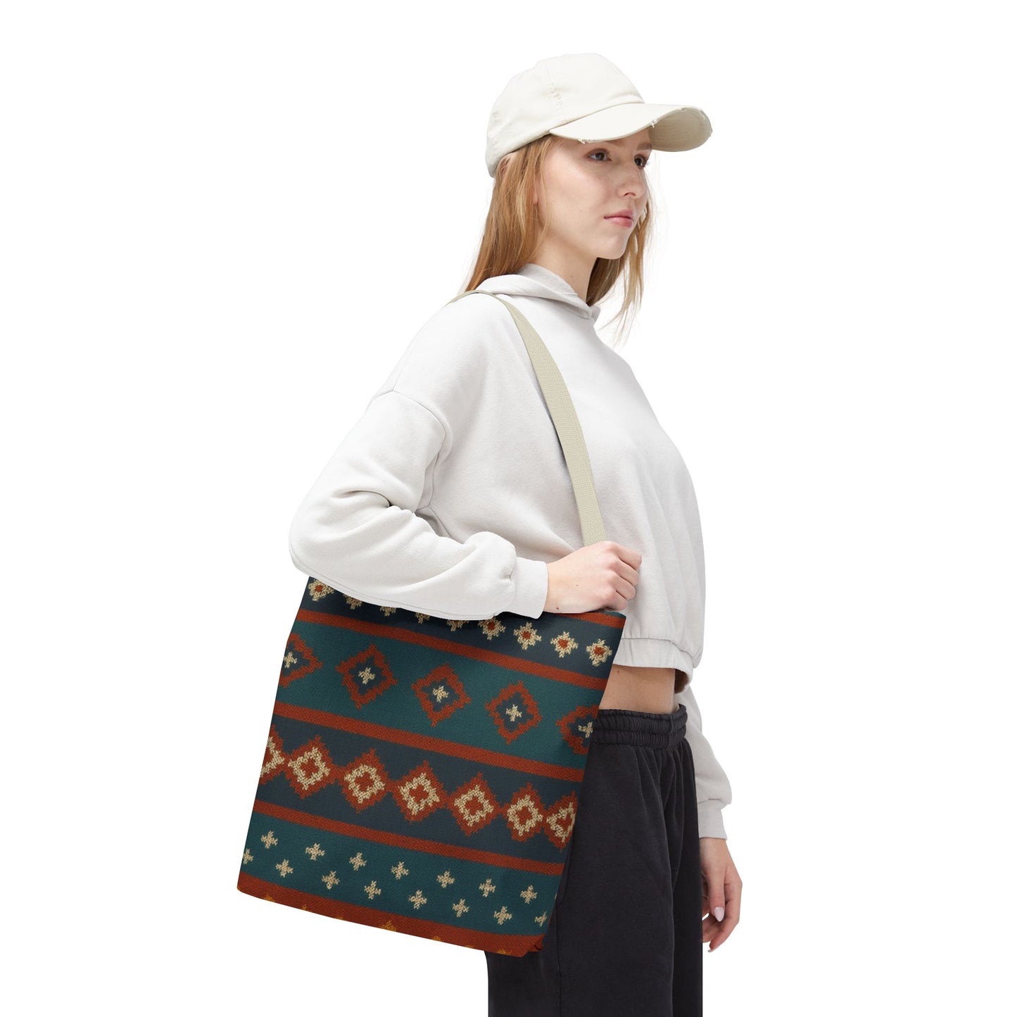 Southwestern diamond pattern tote bag with Aztec tribal geometric print, showcasing colorful fabric and sturdy handles.