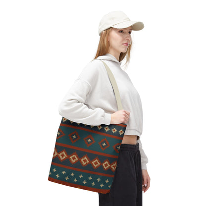Southwestern diamond pattern tote bag with Aztec tribal geometric print, showcasing colorful fabric and sturdy handles.