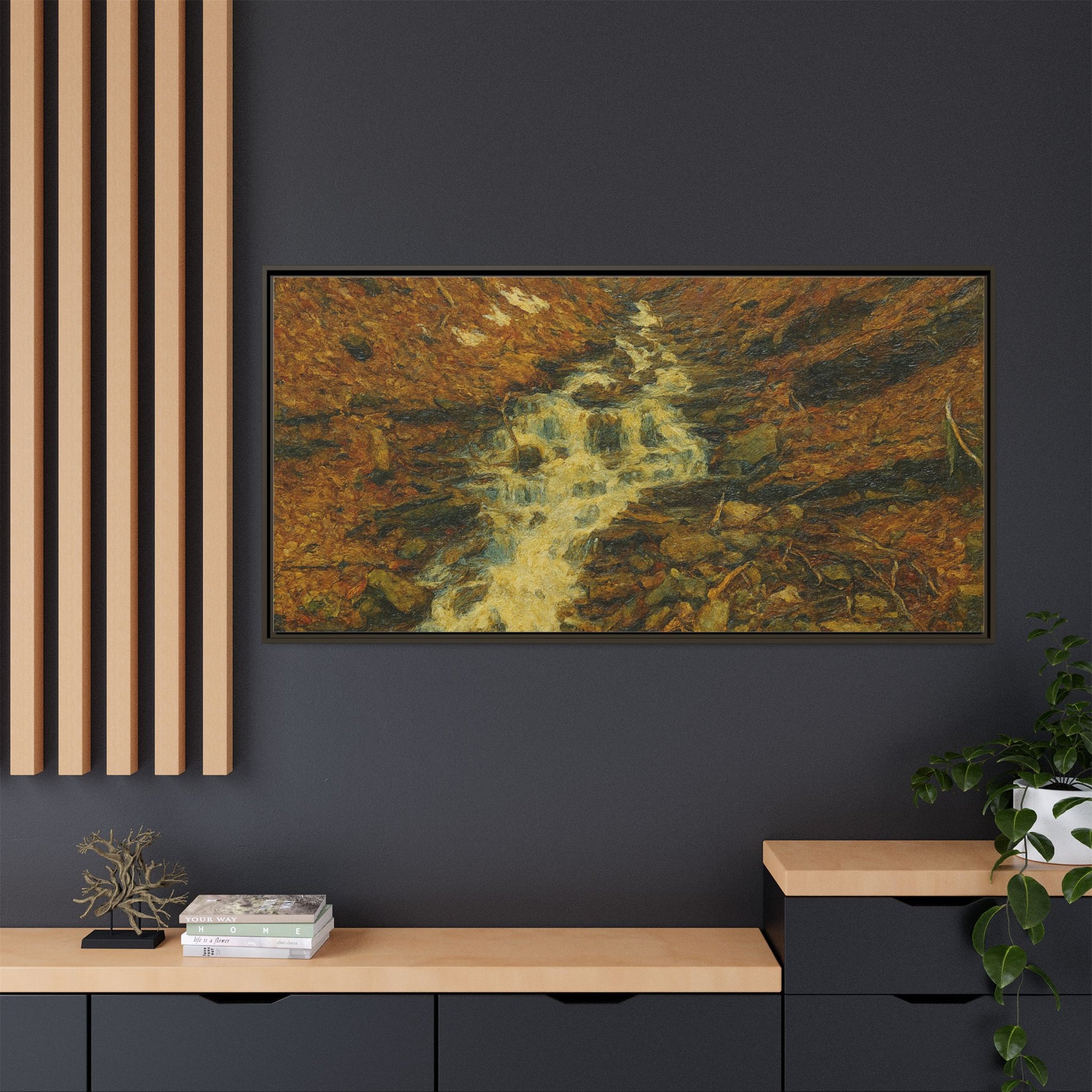 Framed matte canvas print of autumn stream landscape artwork by Printify, showcasing vibrant fall trees and flowing water.