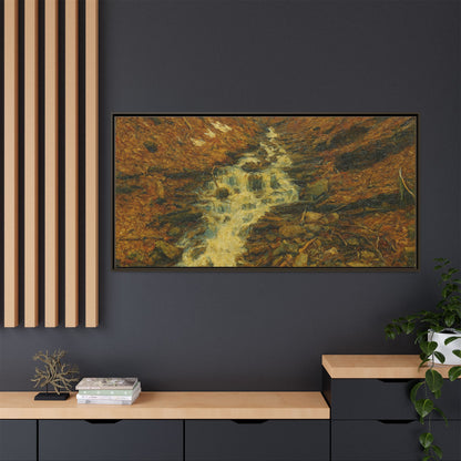 Framed matte canvas print of autumn stream landscape artwork by Printify, showcasing vibrant fall trees and flowing water.