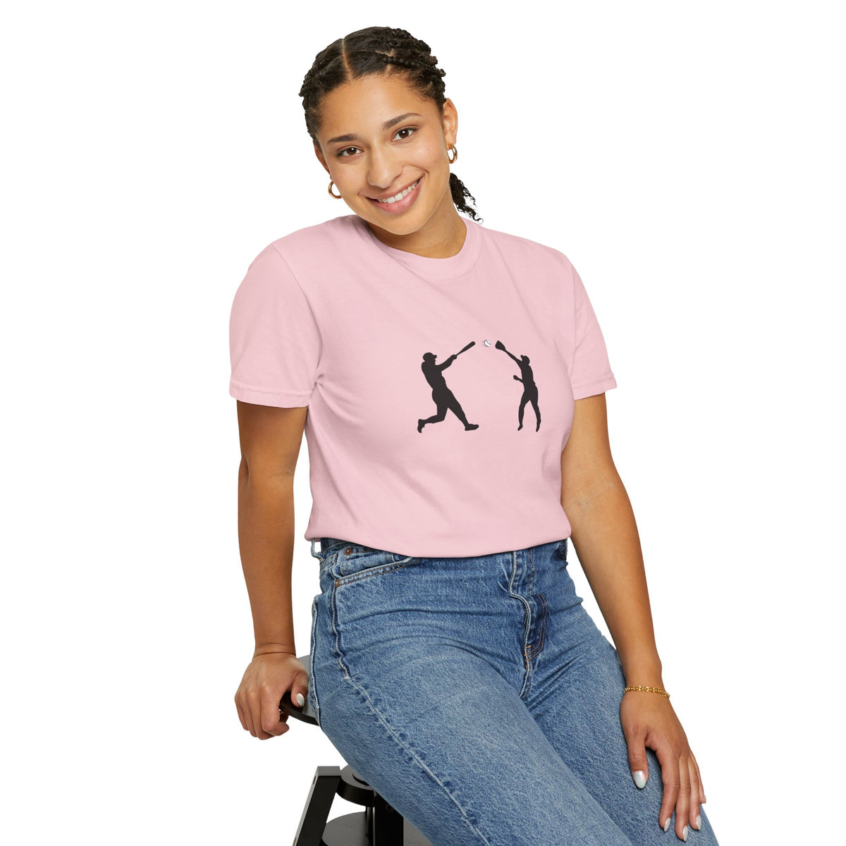 Black baseball silhouette T-shirt featuring a minimal baseball player graphic on a casual Printify T-shirt.