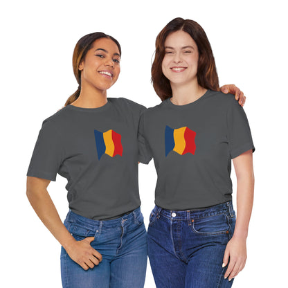Romania flag T-shirt by Printify featuring a minimal waving tricolor design on a casual cotton tee.