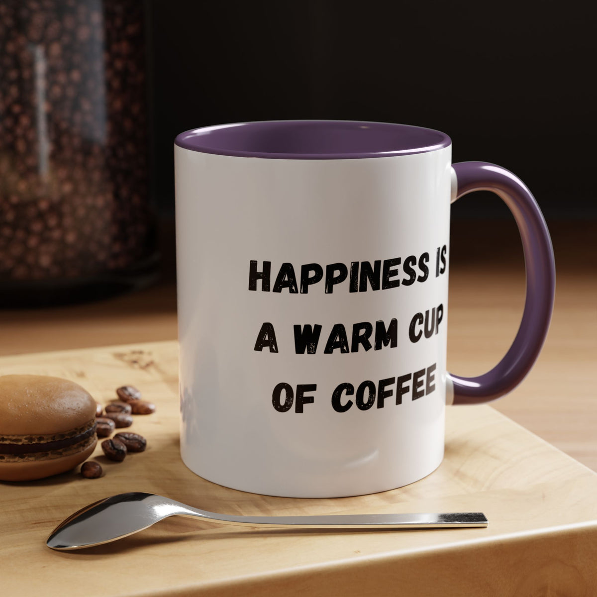 Ceramic coffee mug with the quote "Happiness Is A Warm Cup Of Coffee" in black text, white background, and smooth handle.