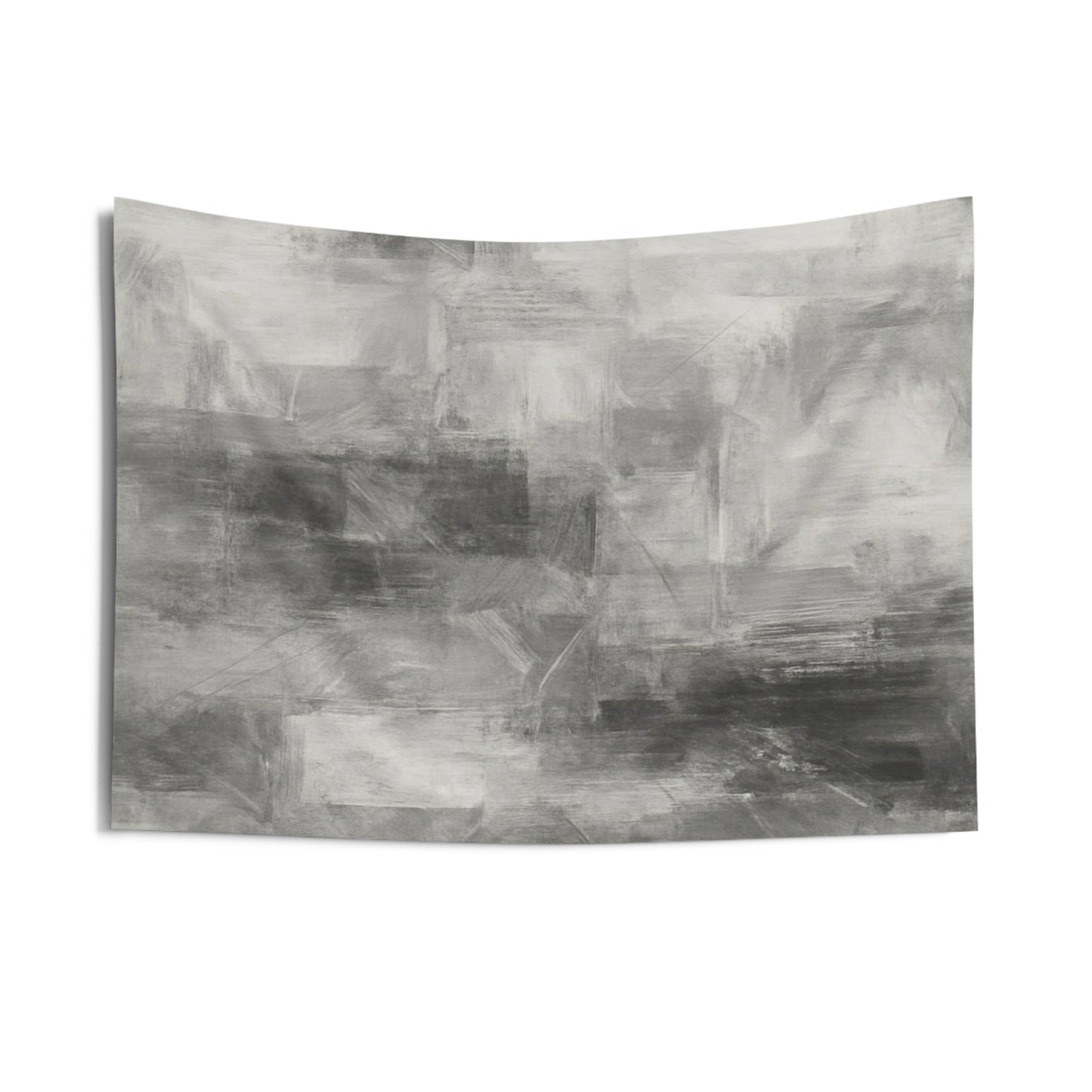 Black and white minimalist wall tapestry hanging on a bedroom or living room wall, designed by Printify.