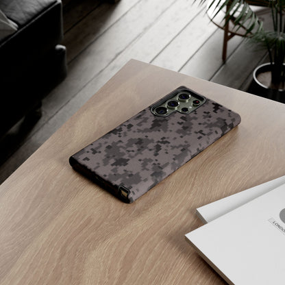Gray digital camouflage phone case by Printify, rugged protective cover for smartphones with a tough, stylish camo design.