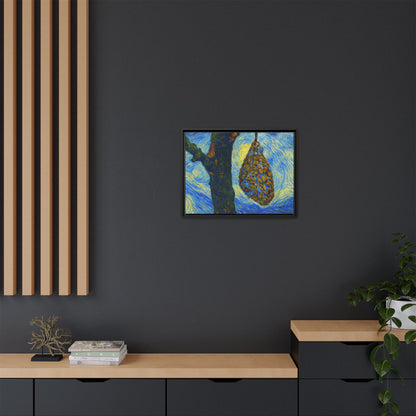 Framed matte canvas art of a starry nut cluster with dried plum in a tree, showcasing detailed botanical artwork by Printify.