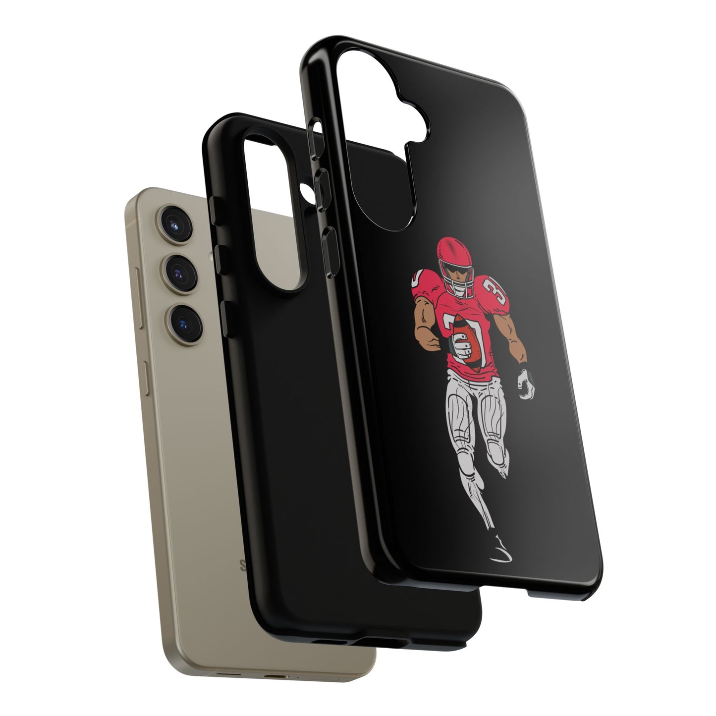 Black football player tough phone case for iPhone, featuring sports design and protective build by Printify.