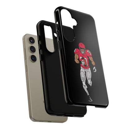 Black football player tough phone case for iPhone, featuring sports design and protective build by Printify.