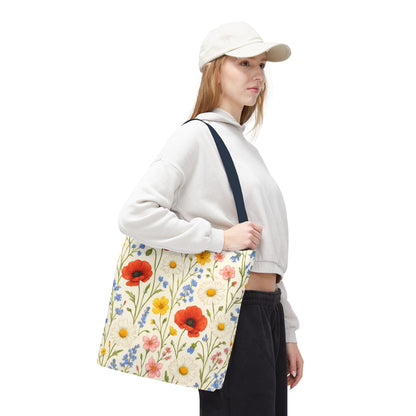 Wildflower Poppy print tote bag by Printify featuring a vibrant floral all-over pattern on durable canvas.