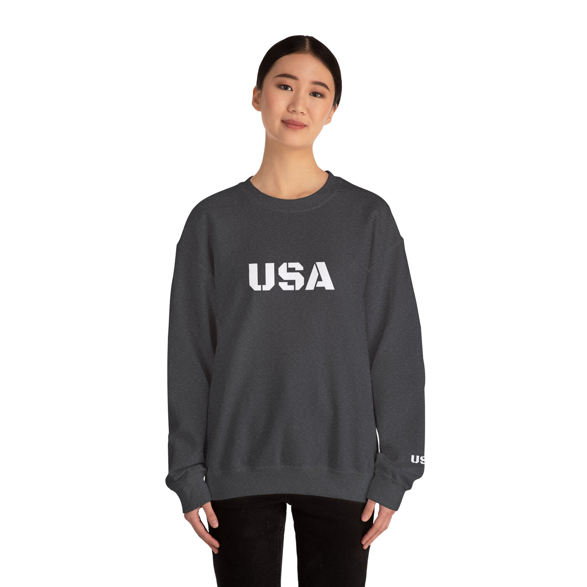 Printify USA crewneck sweatshirt with patriotic design, cozy fit, perfect for all seasons, showcasing red, white, and blue colors.