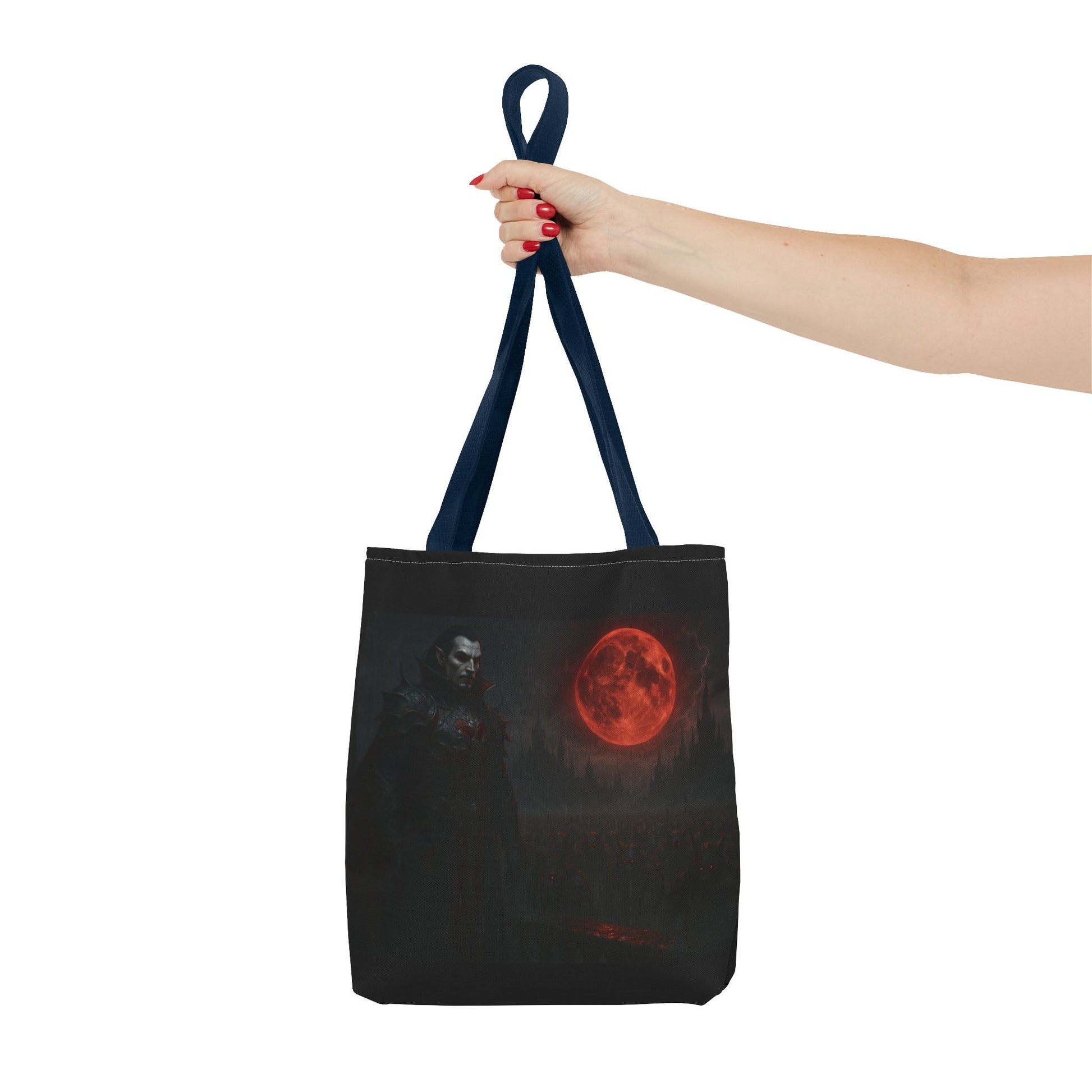 Gothic Dracula tote bag featuring moonlit vampire art, perfect Halloween gift, by Printify, with black fabric and vampire illustration.