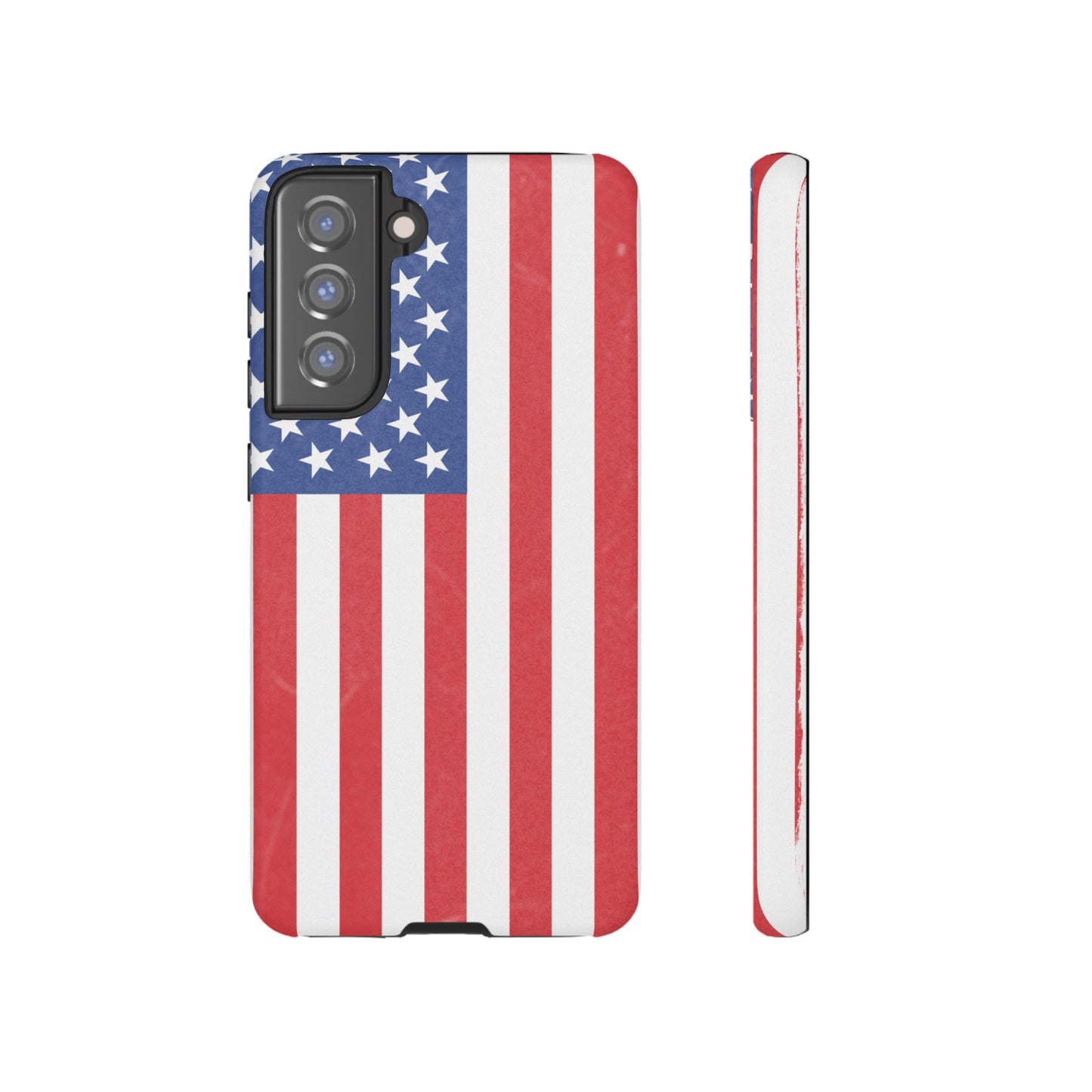 American flag tough phone case by Printify for iPhone and Samsung, featuring a patriotic design and durable protective cover.