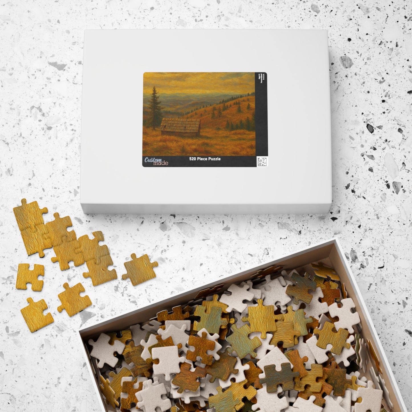 520-piece Autumn Mountain Cabin Puzzle by Printify featuring a scenic landscape with a cozy cabin in the mountains.
