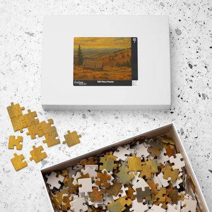520-piece Autumn Mountain Cabin Puzzle by Printify featuring a scenic landscape with a cozy cabin in the mountains.