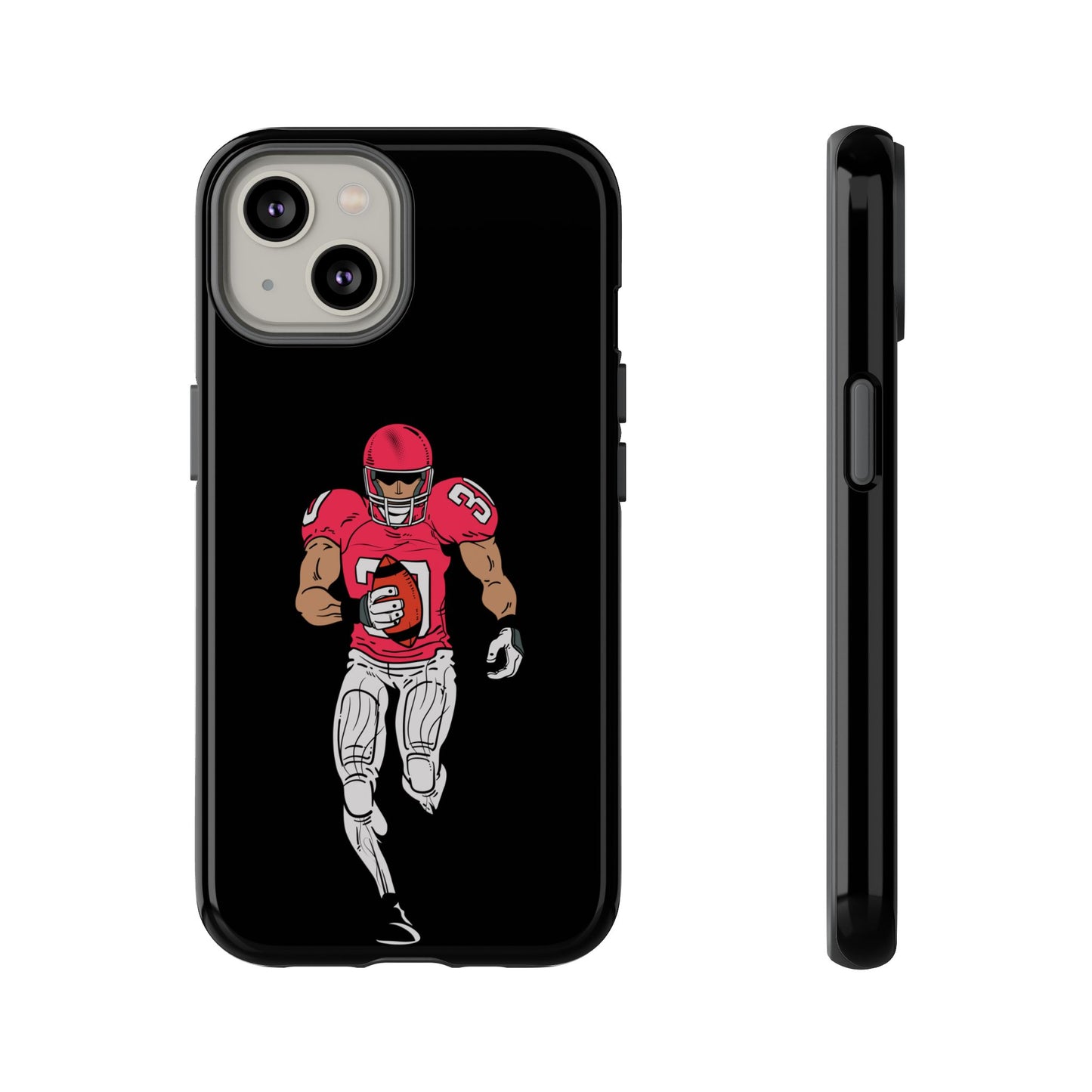 Black football player tough phone case for iPhone, protective sports-themed design by Printify, featuring athletic football imagery.