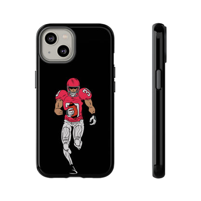 Black football player tough phone case for iPhone, protective sports-themed design by Printify, featuring athletic football imagery.