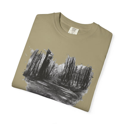 Artistic Forest Scene T-shirt | Nature Lover Gift, Outdoor Adventure Tee, Eco-Friendly Fashion, Vintage Inspired Clothing, Unisex Gift - TRV