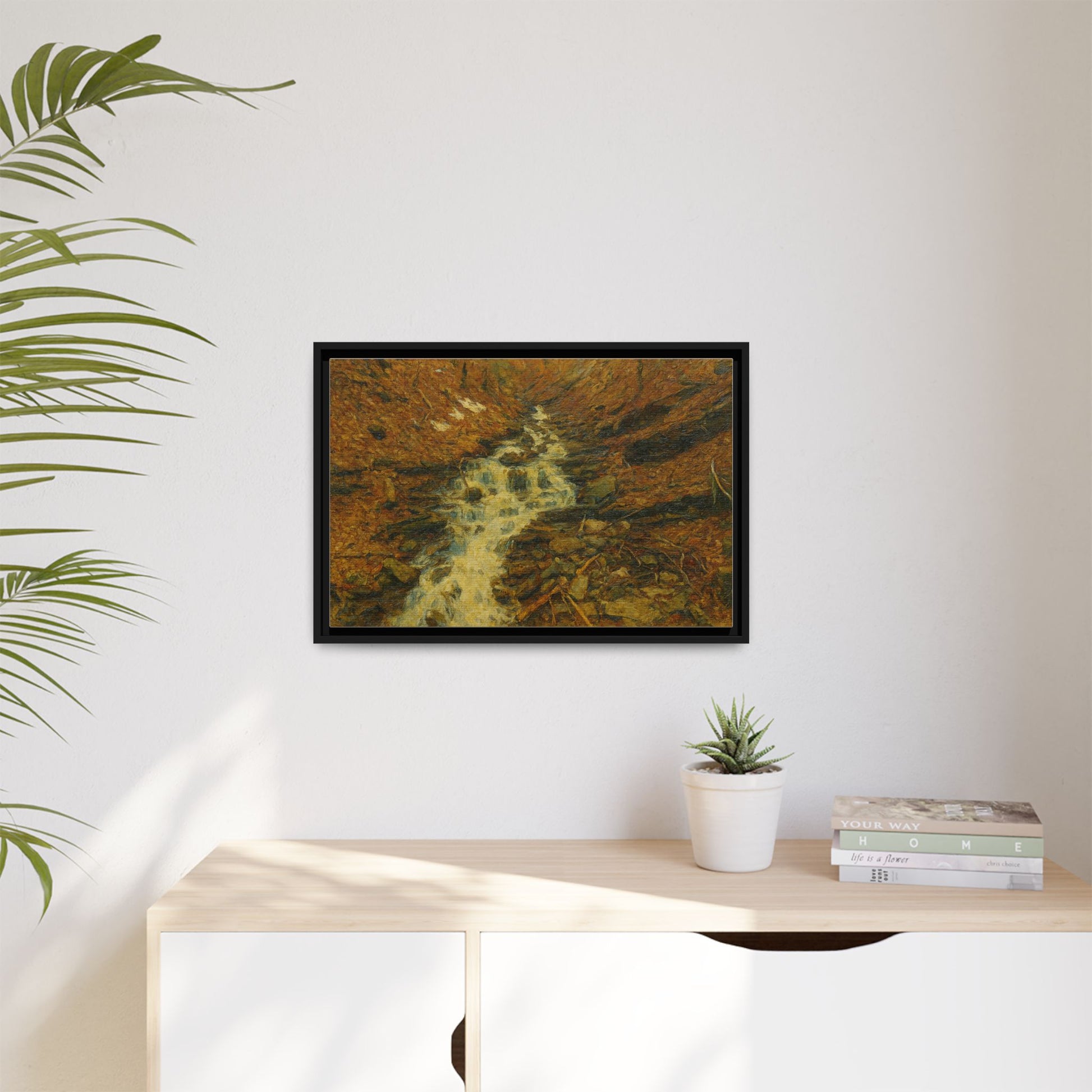 Framed matte canvas print of autumn stream landscape artwork, showcasing vibrant fall colors and a serene natural scene.