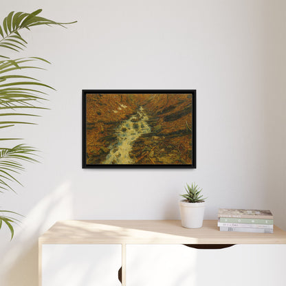 Framed matte canvas print of autumn stream landscape artwork, showcasing vibrant fall colors and a serene natural scene.